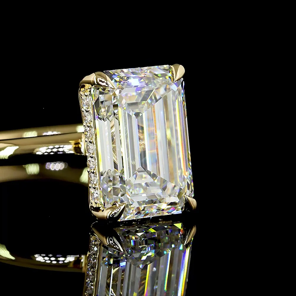 14K Yellow Gold Hidden Halo Ring with 5.09 Carat Emerald Cut Lab Diamond and 0.17 Carat Brilliant Cut Lab Diamond Accents - 5.26 Carat Total Weight - Covaloro Fine Jewelry - Image 2
