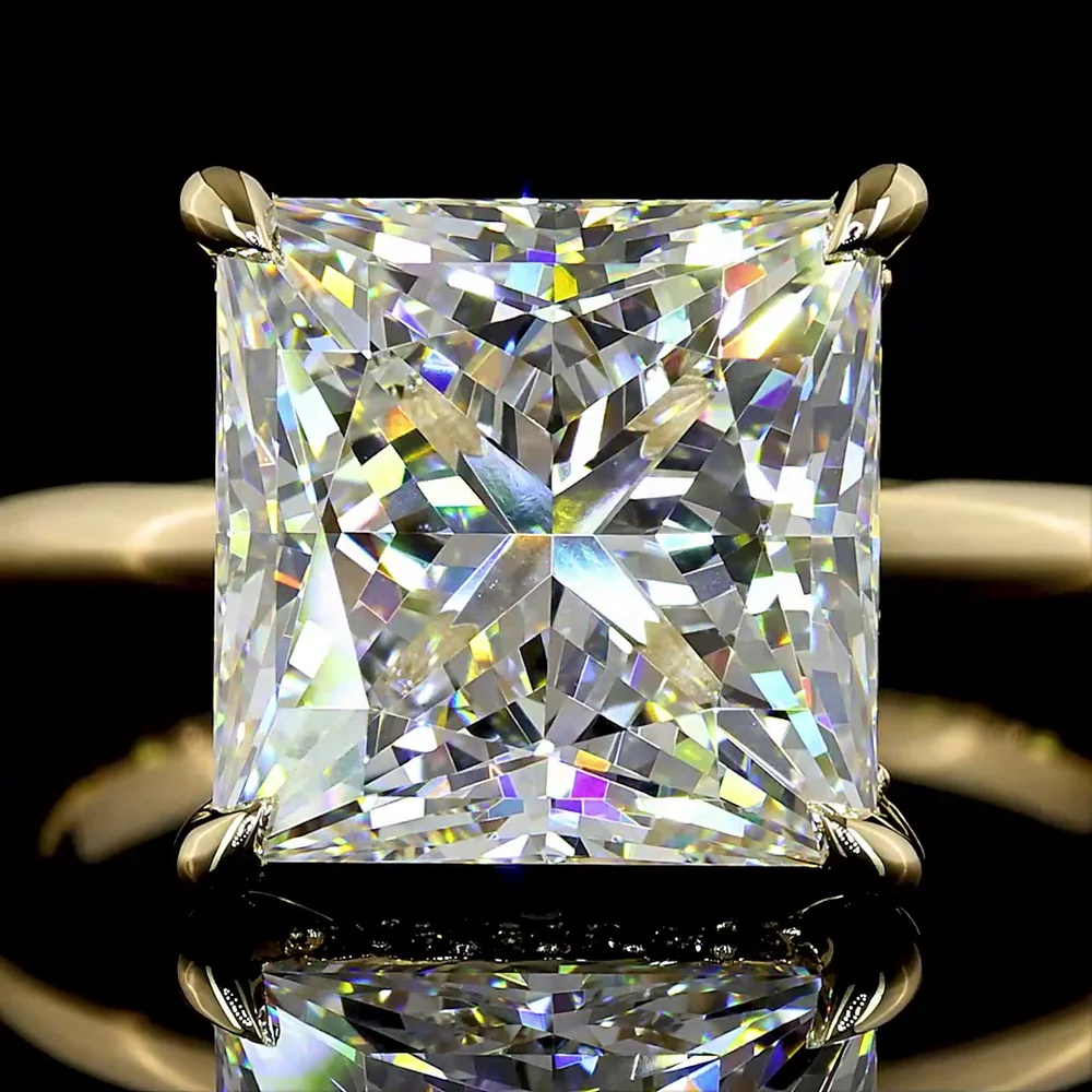 14K Yellow Gold Hidden Halo Ring with 5.09 Carat Princess Cut Lab Diamond and 0.12 Carat Brilliant Cut Accents - 5.21 Total Carat Weight - Covaloro Fine Jewelry - Image 2