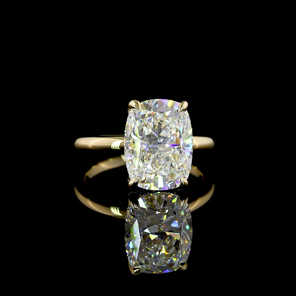 14K Yellow Gold Hidden Halo Ring with 5.20 Carat Cushion Brilliant Lab Diamond and 0.14 Carat Round Diamond Accents - IGI Certified E VVS2 - Covaloro Fine Jewelry