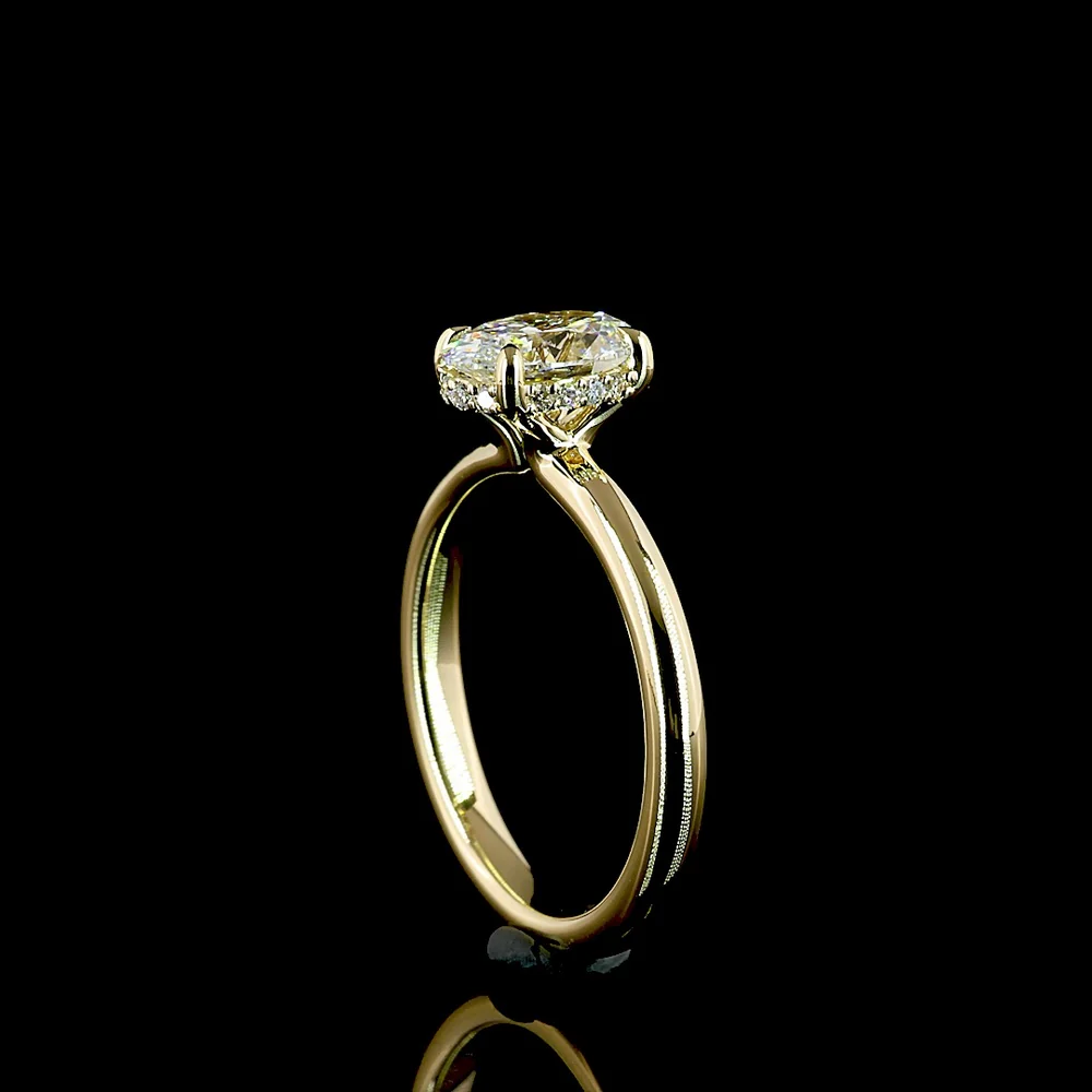 14K Yellow Gold Hidden Halo Ring with North-South 1.04 Carat Oval Lab Diamond, D VVS1 Clarity, IGI Certified - 1.12 Carat Total Diamond Weight - Covaloro Fine Jewelry - Image 3