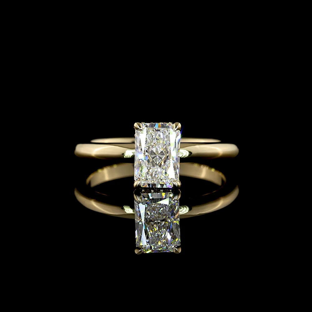 14K Yellow Gold Hidden Halo Ring with North-South Radiant Cut Lab D VVS2 Diamond - 1.11 Carats Total Diamond Weight - Covaloro Fine Jewelry