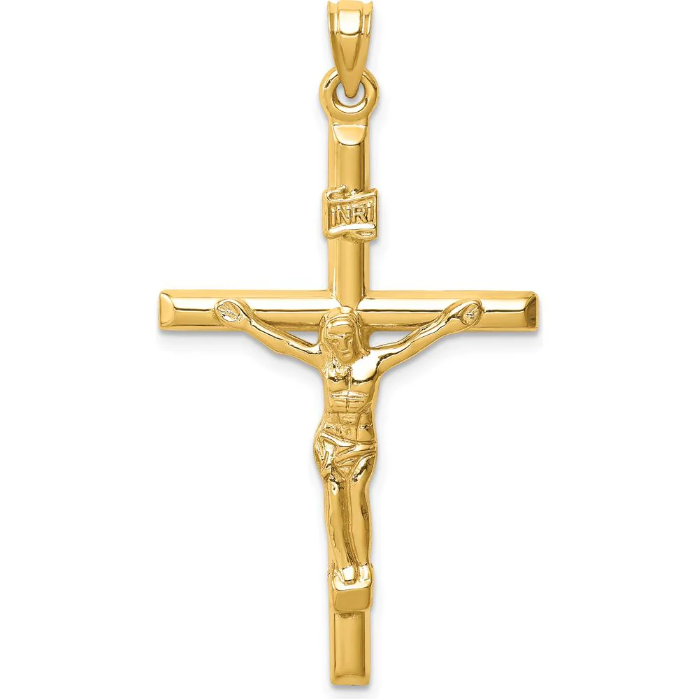 14K Yellow Gold Hollow Crucifix Pendant with INRI Inscription - Polished Finish by Oro Pregiato