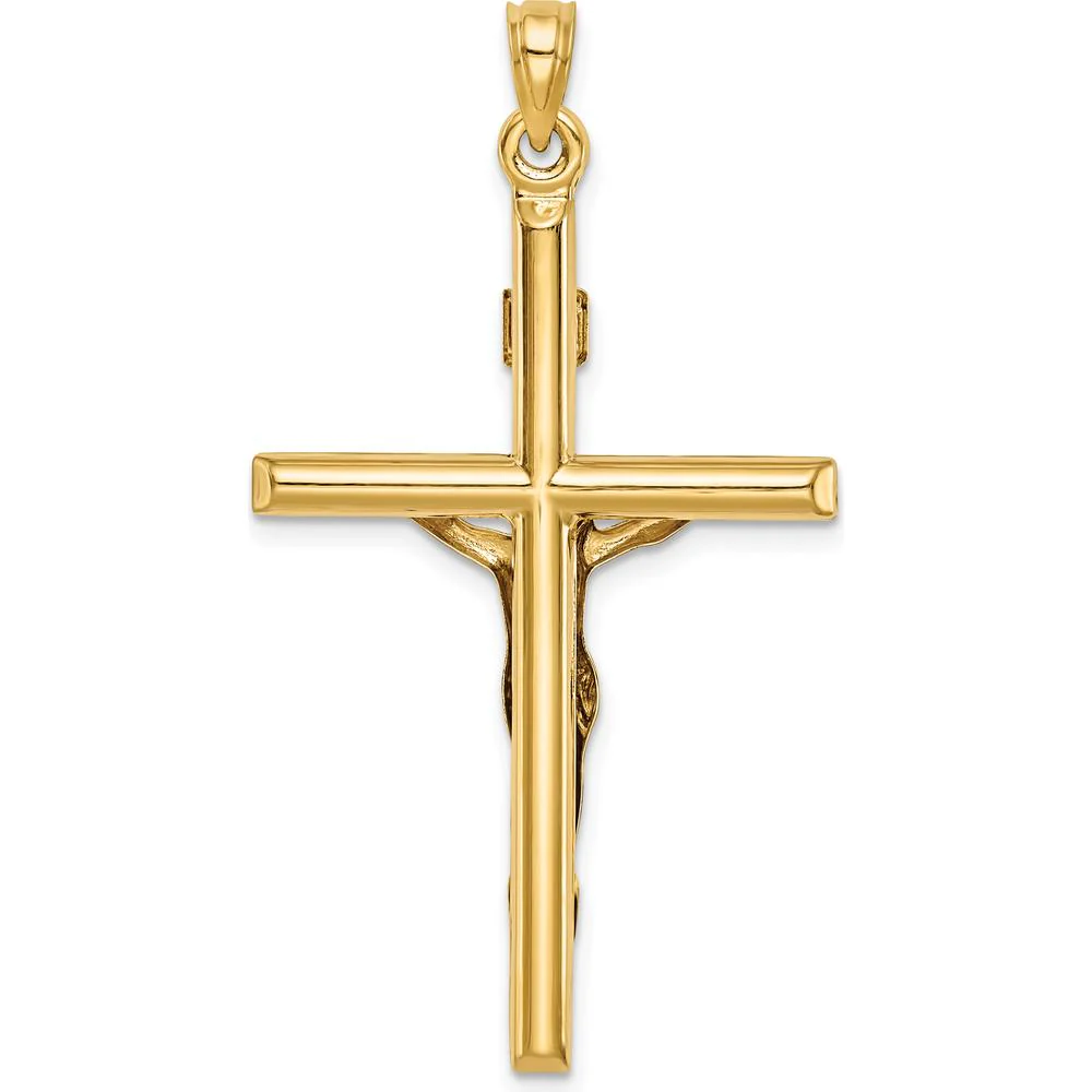 14K Yellow Gold Hollow Crucifix Pendant with INRI Inscription - Polished Finish by Oro Pregiato - Image 4