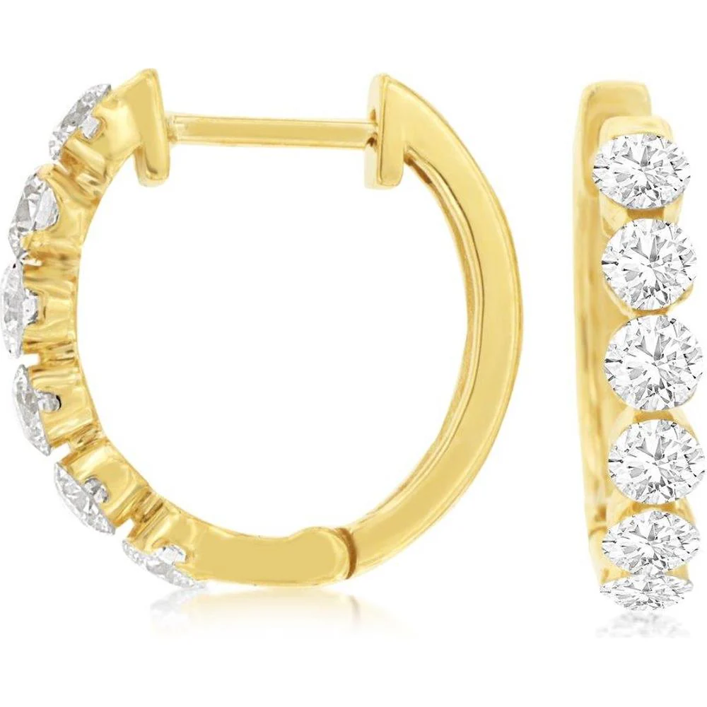 14K Yellow Gold Hoop Earrings with Prong-Set Diamonds - 1.00 Carat Total Diamond Weight - Royal Jewelry