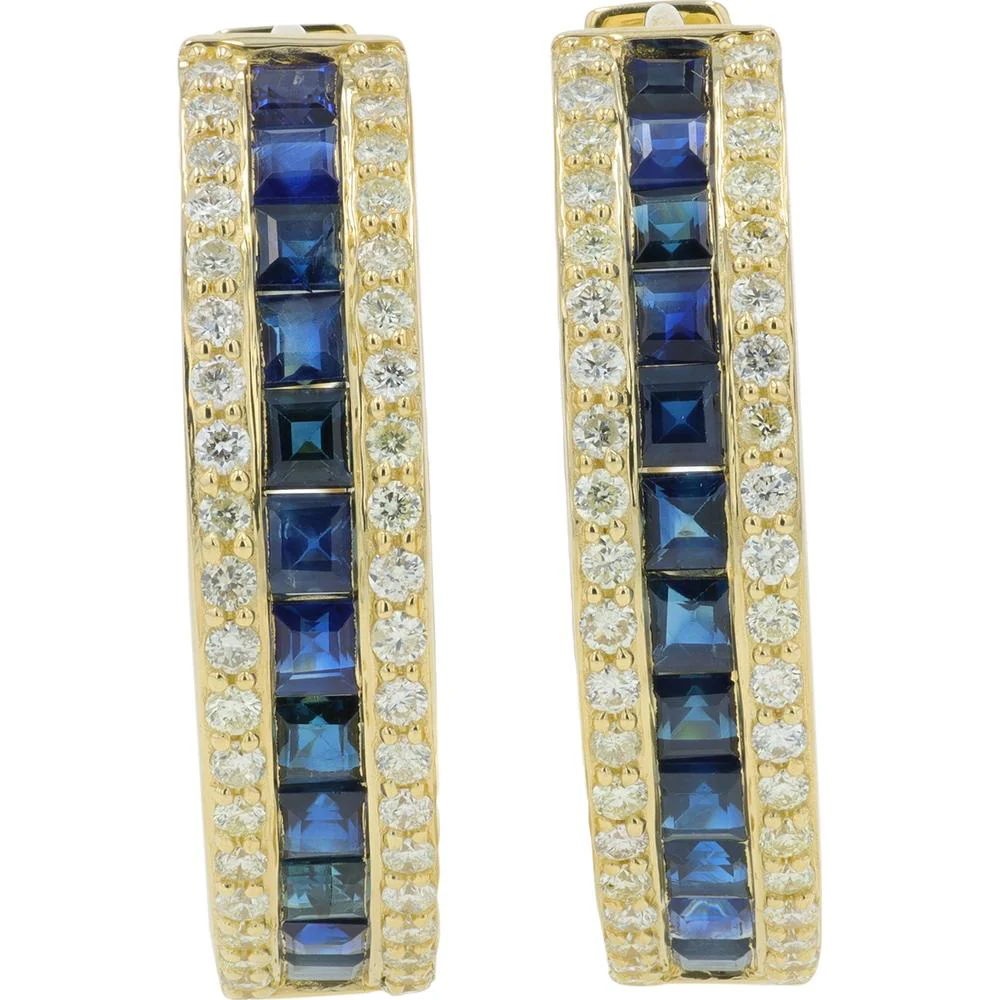 14K Yellow Gold Hoop Earrings with Square - Cut Sapphires and Round Diamond Accents - 8.75 Carat Total Sapphire Weight, 0.75 Carat Total Diamond Weight