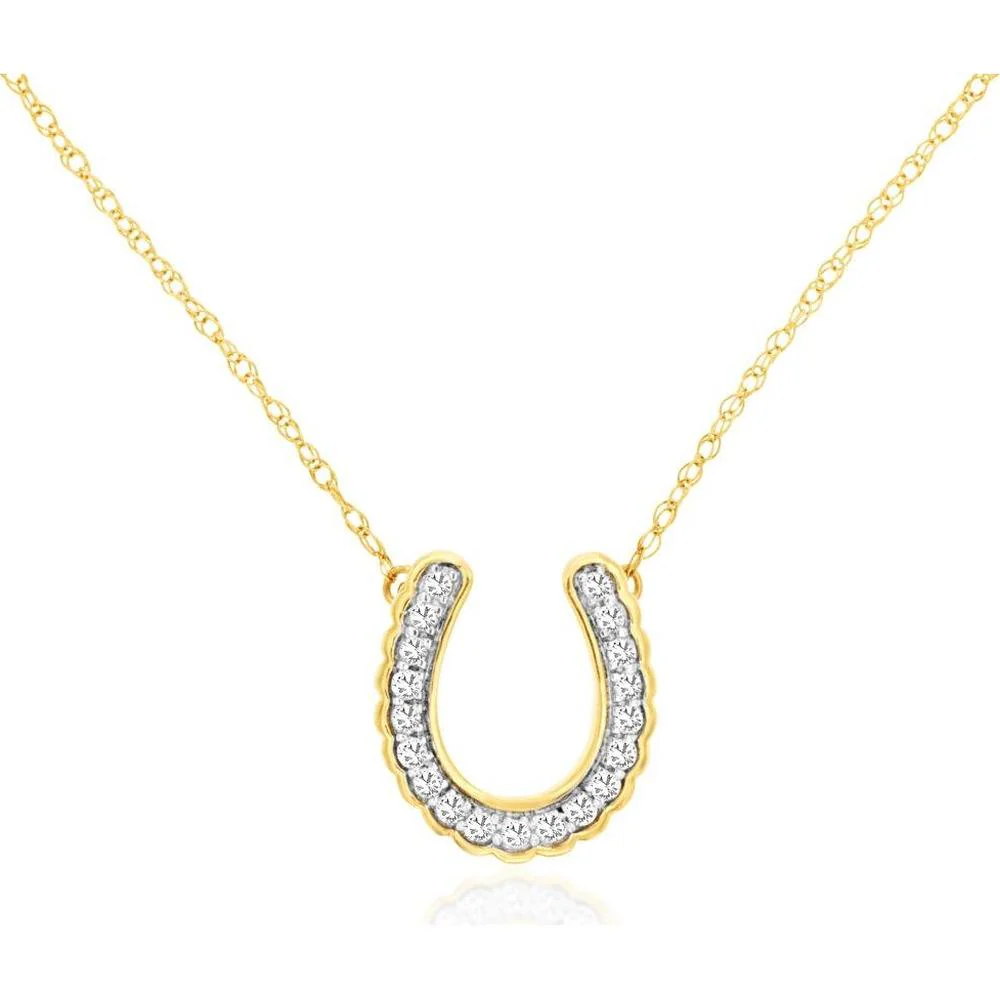 14K Yellow Gold Horseshoe Pendant Necklace with Pave Set Round Diamonds - 0.10 Carat Total Diamond Weight - Royal Jewelry