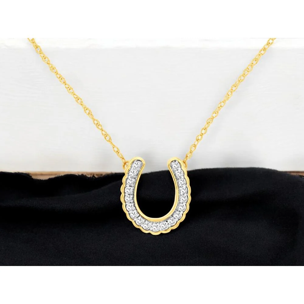 14K Yellow Gold Horseshoe Pendant Necklace with Pave Set Round Diamonds - 0.10 Carat Total Diamond Weight - Royal Jewelry - Image 2