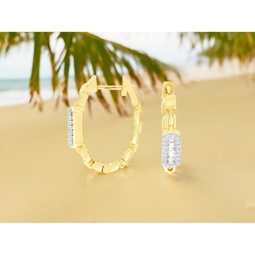 14K Yellow Gold Huggie Earrings with Baguette and Round Diamonds - 0.40 Carat Total Diamond Weight - Royal Jewelry - Image 3