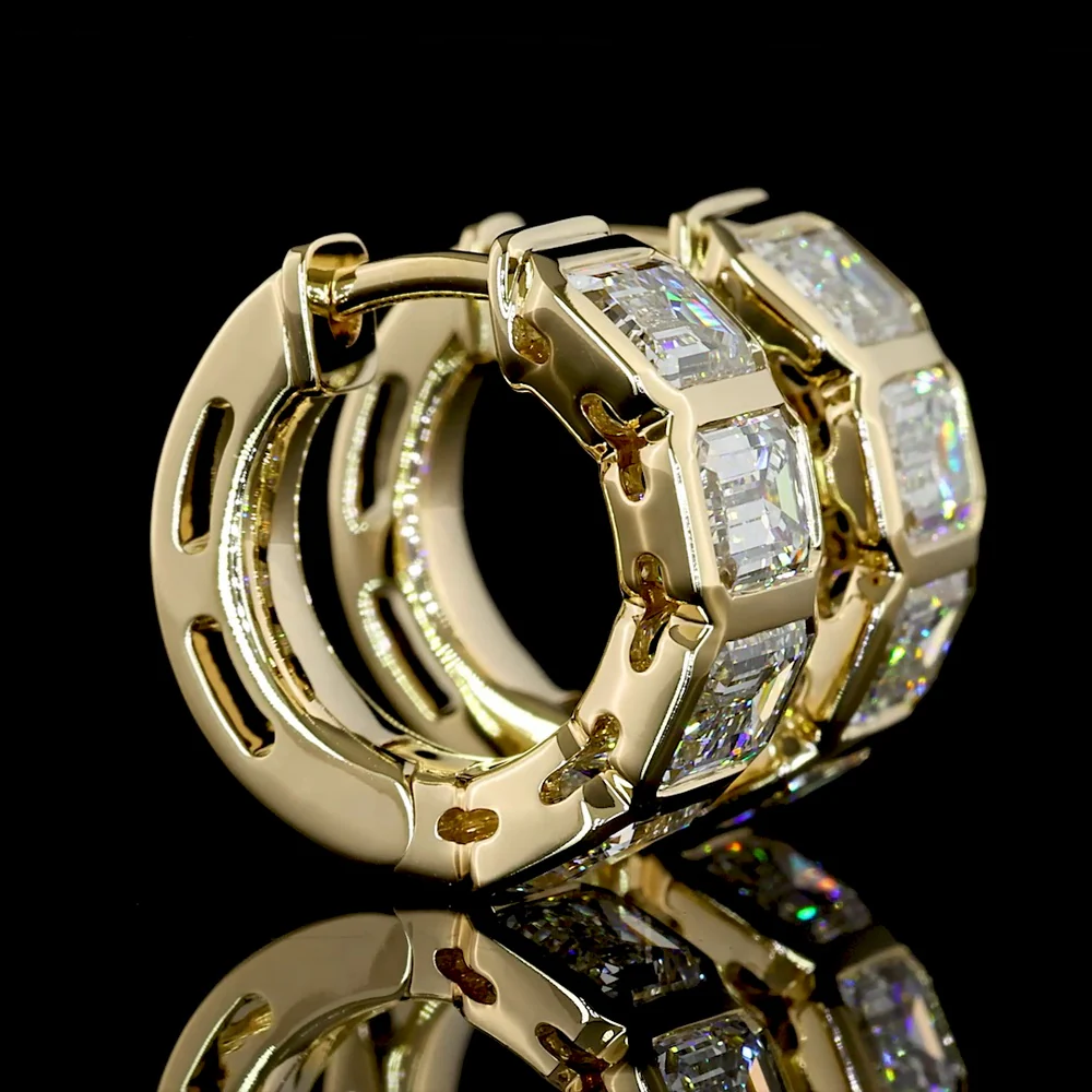 14K Yellow Gold Huggie Earrings with Bezel-Set Emerald Cut Lab Diamonds - 3.45 Carats Total Diamond Weight - Covaloro Fine Jewelry