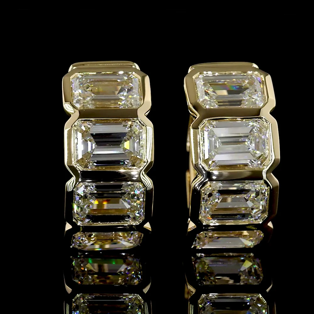 14K Yellow Gold Huggie Earrings with Bezel-Set Emerald Cut Lab Diamonds - 3.45 Carats Total Diamond Weight - Covaloro Fine Jewelry - Image 2
