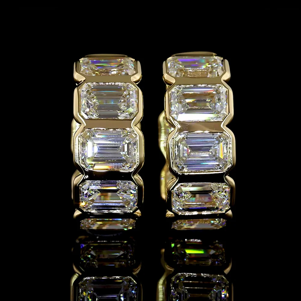 14K Yellow Gold Huggie Earrings with Bezel Set Emerald Cut Lab Diamonds - 4.18 Carat Total Diamond Weight - Covaloro Fine Jewelry