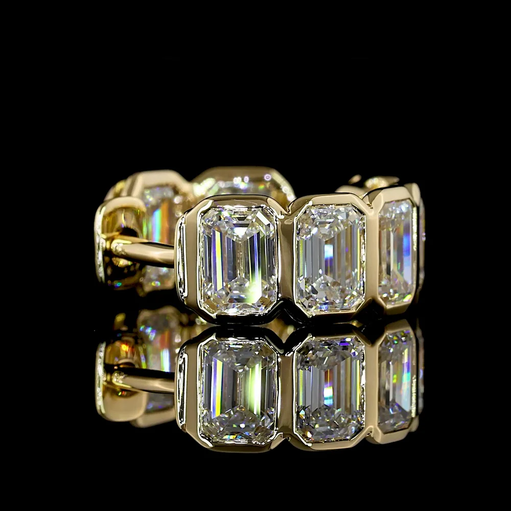 14K Yellow Gold Huggie Earrings with Bezel Set Emerald Cut Lab Diamonds - 4.18 Carat Total Diamond Weight - Covaloro Fine Jewelry - Image 4
