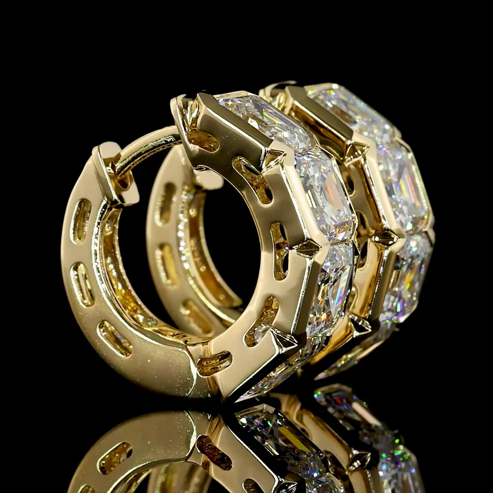 14K Yellow Gold Huggie Earrings with Half Bezel Set Asscher Cut Lab Diamonds - 5.06 Carats Total Diamond Weight - Covaloro Fine Jewelry