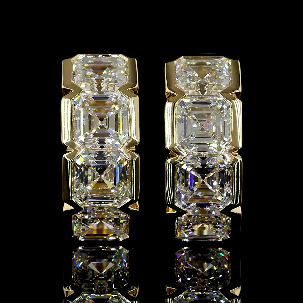 14K Yellow Gold Huggie Earrings with Half Bezel Set Asscher Cut Lab Diamonds - 5.06 Carats Total Diamond Weight - Covaloro Fine Jewelry - Image 2