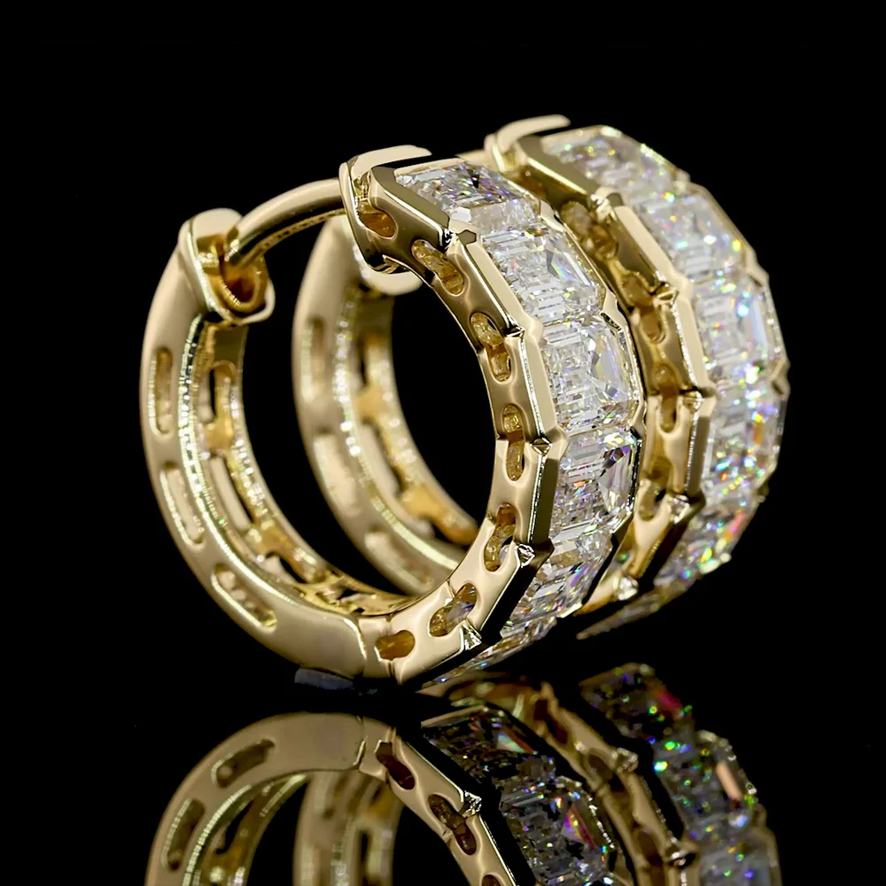 14K Yellow Gold Huggie Earrings with Half Bezel Set Emerald Cut Lab Diamonds - 2.02 Carat Total Weight, E-F Color, VS1 Clarity - Covaloro Fine Jewelry