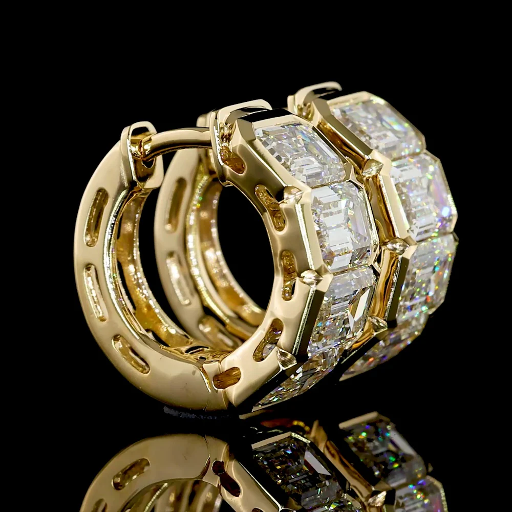 14K Yellow Gold Huggie Earrings with Half-Bezel Set Emerald Cut Lab Diamonds - 4.14 Carat Total Weight - Covaloro Fine Jewelry