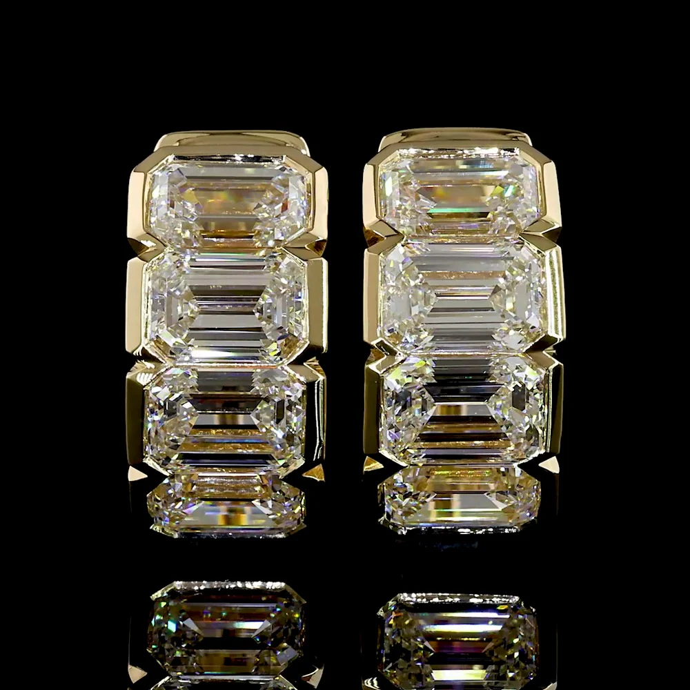 14K Yellow Gold Huggie Earrings with Half-Bezel Set Emerald Cut Lab Diamonds - 4.14 Carat Total Weight - Covaloro Fine Jewelry - Image 2