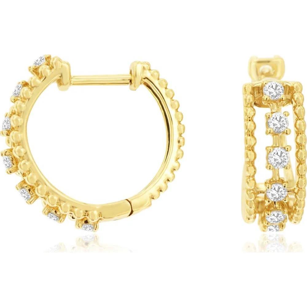 14K Yellow Gold Huggie Earrings with Milgrain Beaded Border and Round Diamonds - 0.33 Carat Total Diamond Weight - Royal Jewelry
