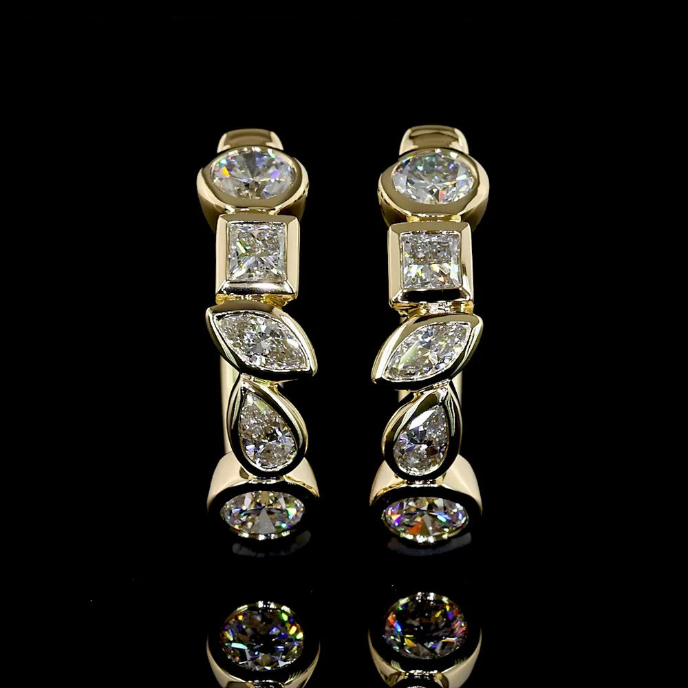 14K Yellow Gold Huggie Earrings with Mixed Princess, Marquise, Pear, and Round Lab Diamonds - 0.88 Carats Total Diamond Weight - Covaloro Fine Jewelry - Image 2