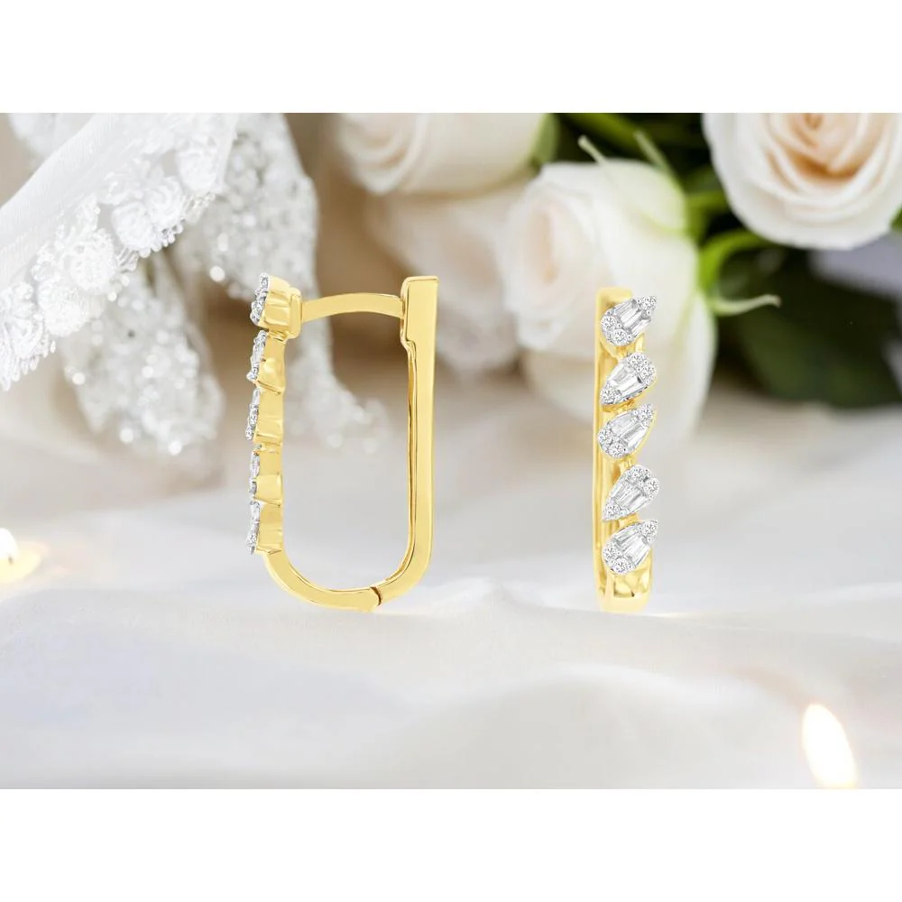 14K Yellow Gold Huggie Earrings with Pear-Inspired Diamond Accents - 0.25 Carat Total Diamond Weight - Royal Jewelry - Image 2