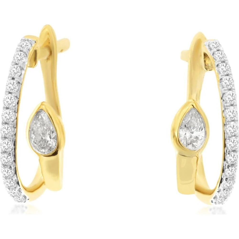 14K Yellow Gold Huggie Earrings with Pear Shaped and Round Diamonds - 0.40 Carat Total Diamond Weight - Royal Jewelry