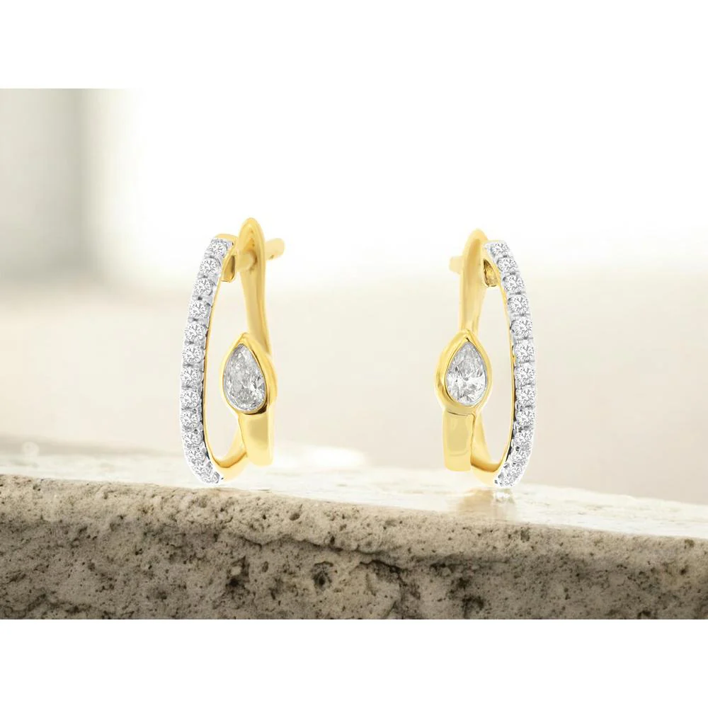 14K Yellow Gold Huggie Earrings with Pear Shaped and Round Diamonds - 0.40 Carat Total Diamond Weight - Royal Jewelry - Image 2
