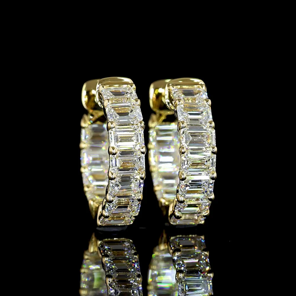 14K Yellow Gold Huggie Earrings with Prong-Set Emerald Cut Lab Diamonds - 1.97 Carat Total Diamond Weight - Covaloro Fine Jewelry
