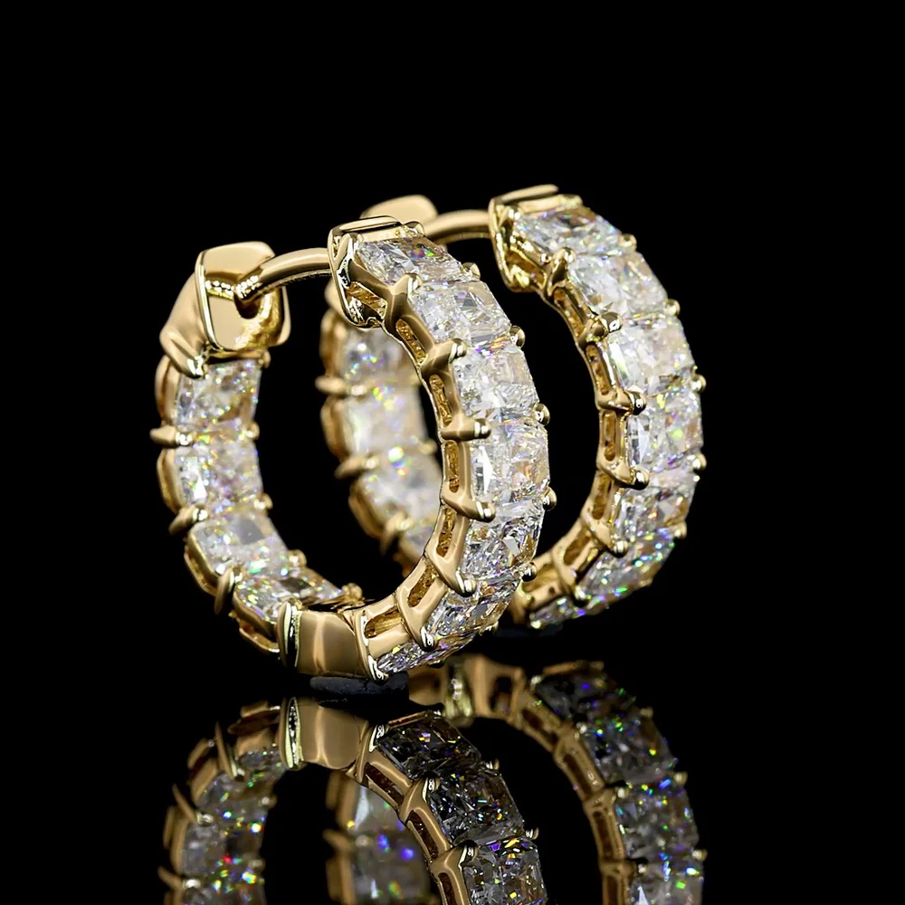 14K Yellow Gold Huggie Earrings with Prong Set Radiant Cut Lab Diamonds - 6.32 Carat Total Diamond Weight - Covaloro Fine Jewelry