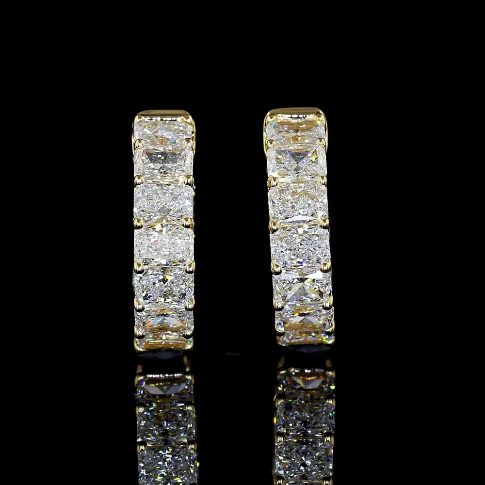 14K Yellow Gold Huggie Earrings with Prong Set Radiant Cut Lab Diamonds - 6.32 Carat Total Diamond Weight - Covaloro Fine Jewelry - Image 3