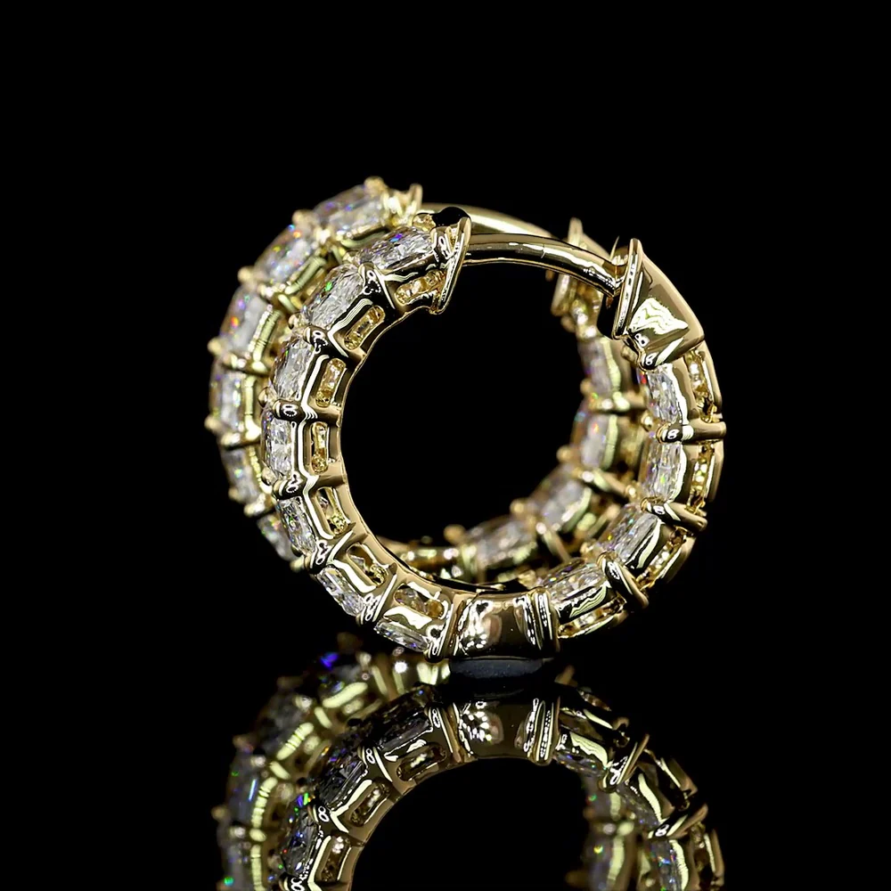 14K Yellow Gold Huggie Earrings with Prong Set Radiant Cut Lab Diamonds - 6.32 Carat Total Diamond Weight - Covaloro Fine Jewelry - Image 4
