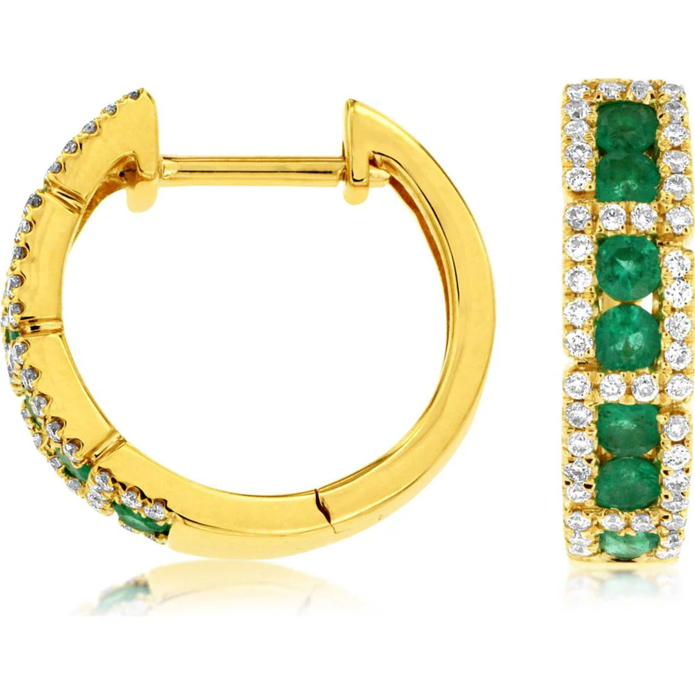 14K Yellow Gold Huggie Earrings with Round Emeralds and Round Diamonds - 0.36 Carat Total Emerald Weight and 0.22 Carat Total Diamond Weight - Royal Jewelry