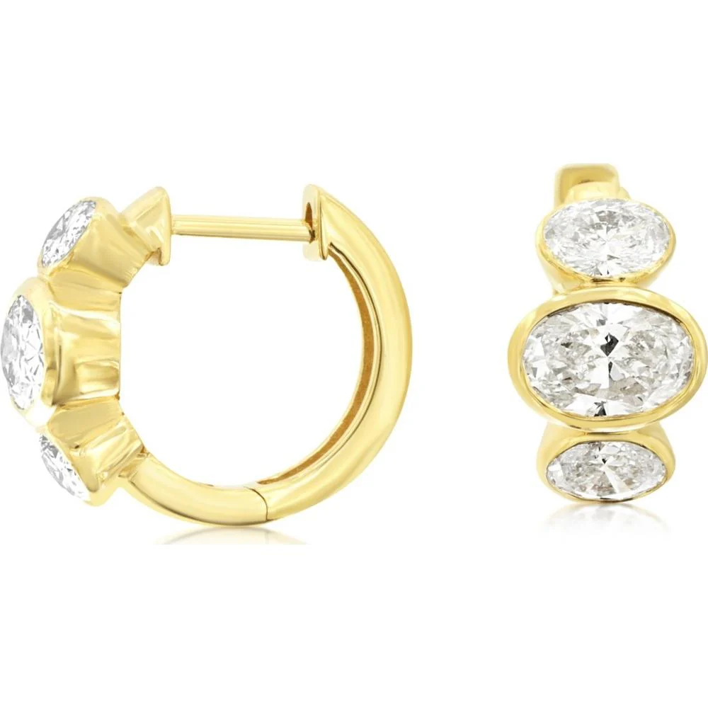 14K Yellow Gold Huggie Hoop Earrings with 2.5 Carat Total Weight Oval Lab Grown Diamonds in Bezel Setting - Royal Jewelry