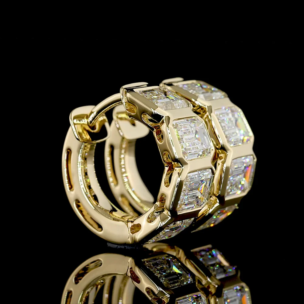 14K Yellow Gold Huggie Hoop Earrings with Bezel Set Emerald Cut Lab Diamonds - 3.50 Total Carat Weight - Covaloro Fine Jewelry