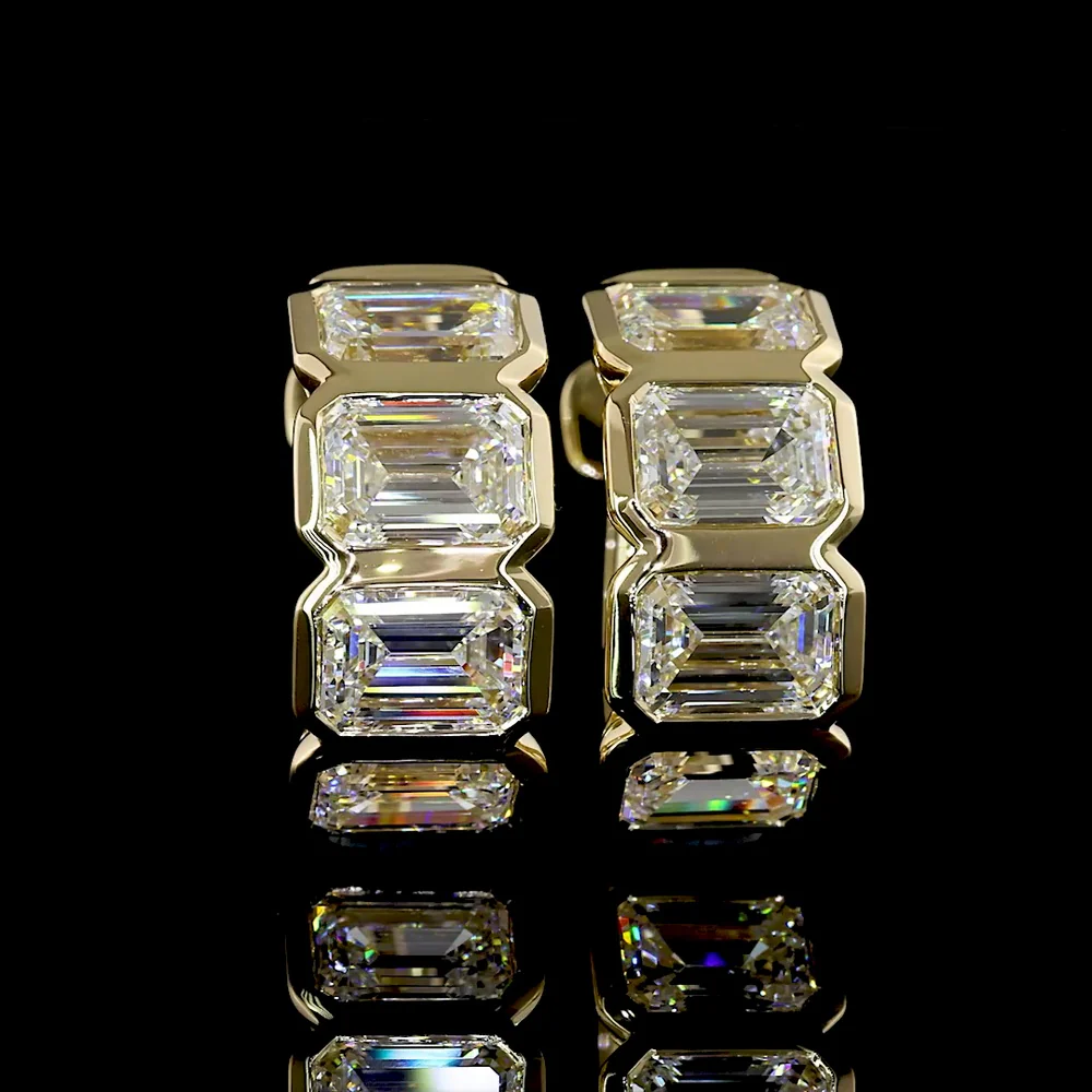 14K Yellow Gold Huggie Hoop Earrings with Bezel Set Emerald Cut Lab Diamonds - 3.50 Total Carat Weight - Covaloro Fine Jewelry - Image 2