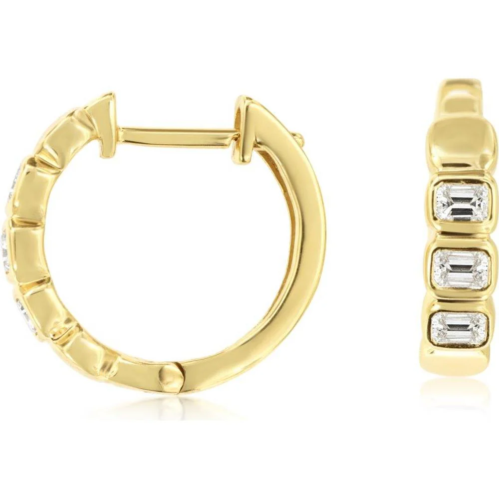 14K Yellow Gold Huggie Hoop Earrings with Bezel Set Rectangular Cut Diamonds - 0.43 Carat Total Diamond Weight - Royal Jewelry