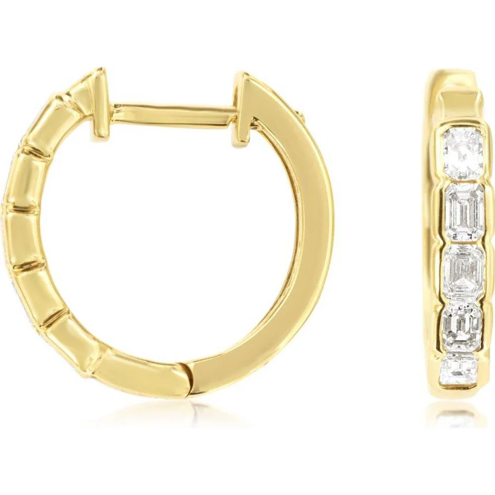 14K Yellow Gold Huggie Hoop Earrings with Channel Set Square Cut Diamonds - 0.65 Carat Total Diamond Weight - Royal Jewelry