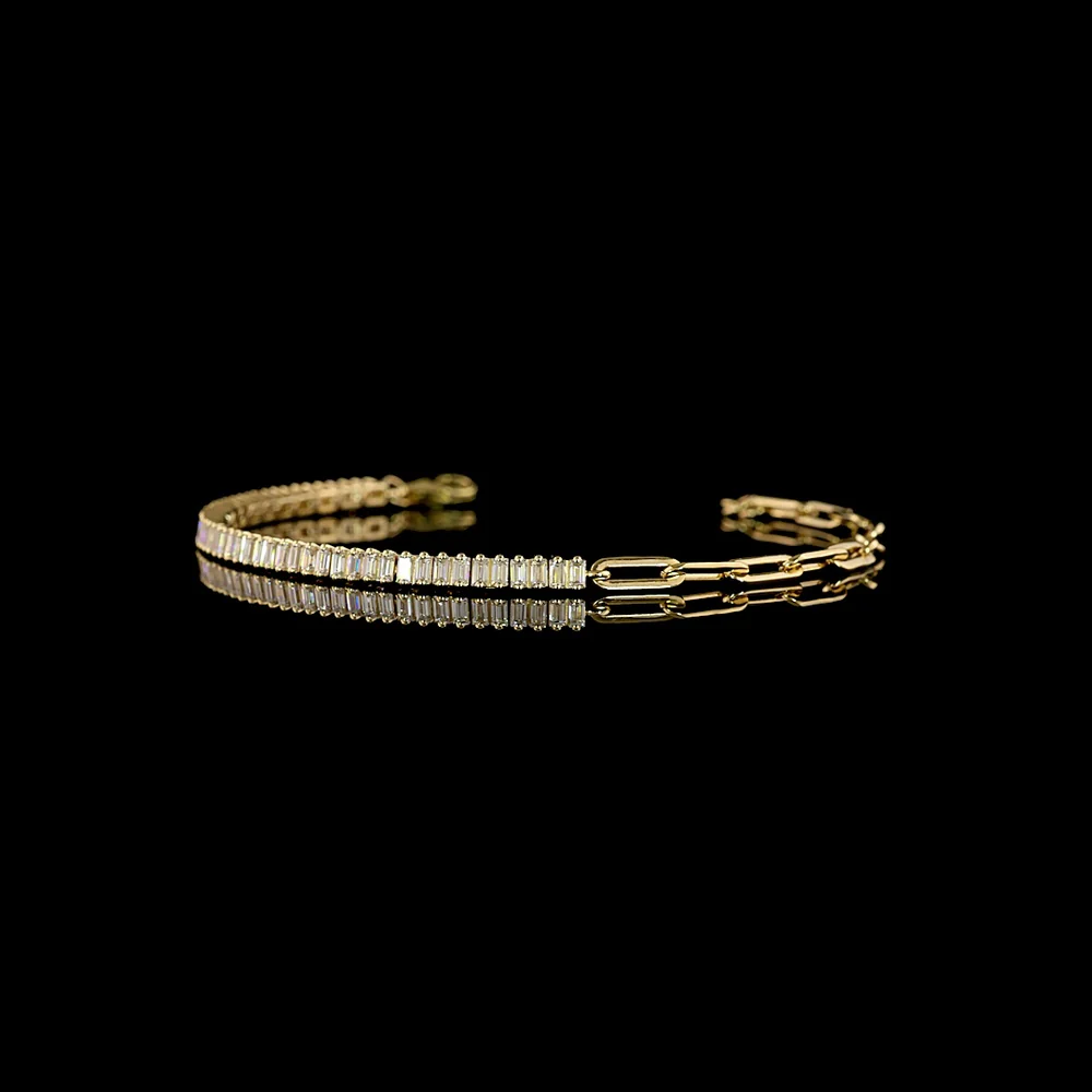 14K Yellow Gold Hybrid Baguette & Link Bracelet with 54 Lab Grown E-F VS1 Diamonds - 1.36 Total Carat Weight - Covaloro Fine Jewelry