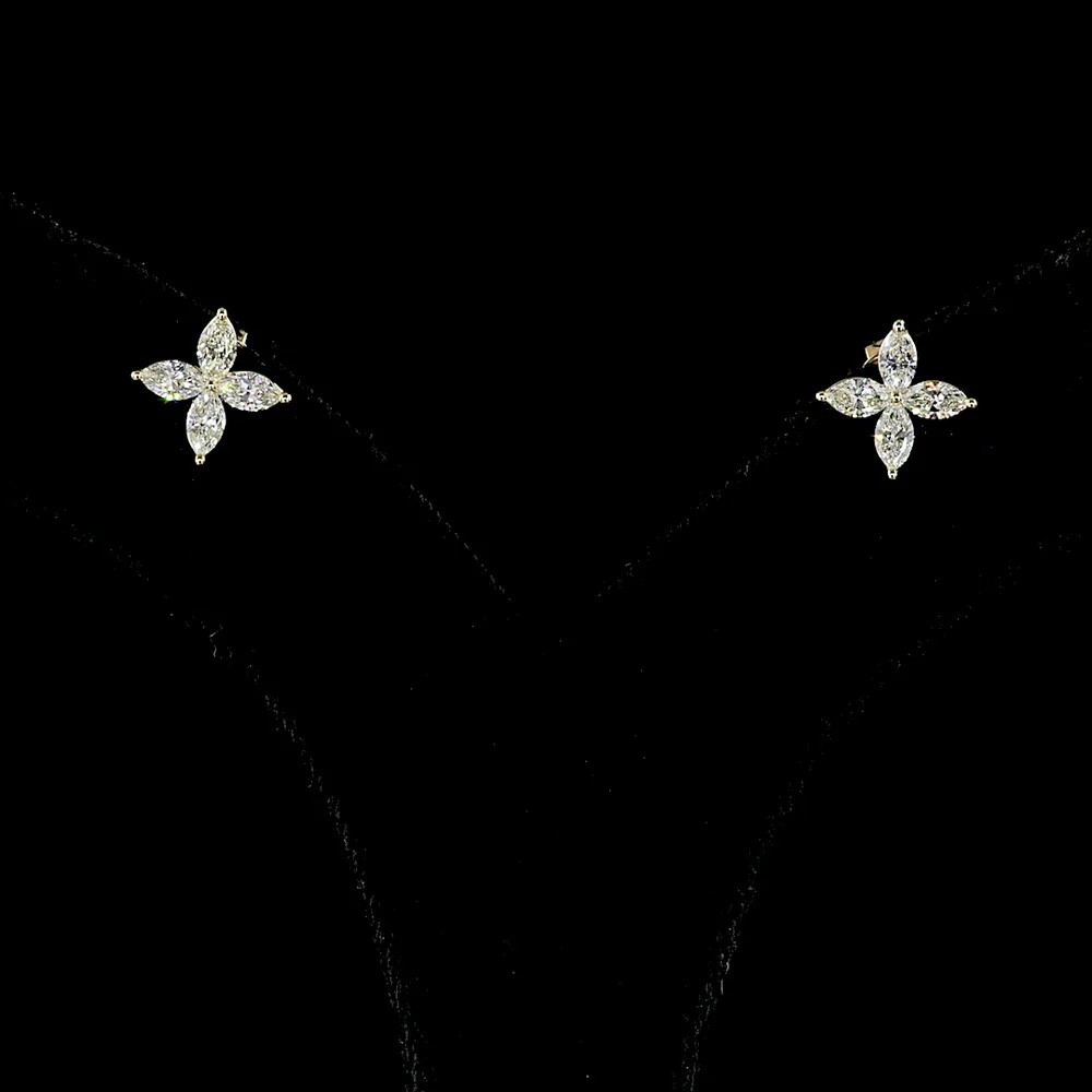 14K Yellow Gold Inclined Floral Marquise Diamond Stud Earrings - 0.68 Carats Total Weight Natural E-F VS+ Diamonds - Covaloro Fine Jewelry