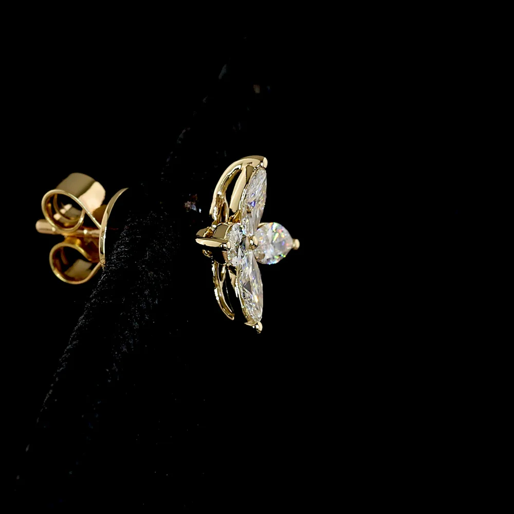 14K Yellow Gold Inclined Floral Marquise Diamond Stud Earrings - 0.68 Carats Total Weight Natural E-F VS+ Diamonds - Covaloro Fine Jewelry - Image 4