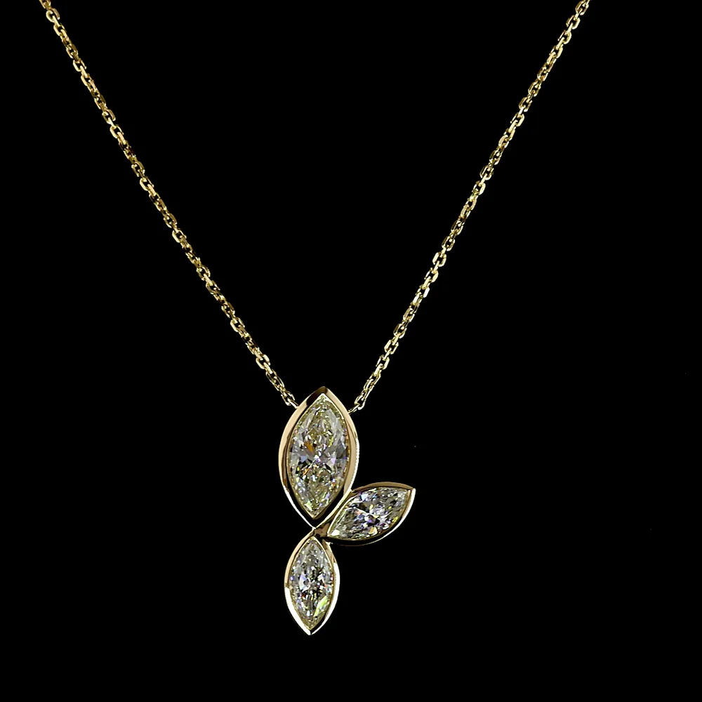 14K Yellow Gold Inclined Marquise Three-Stone Pendant with Bezel Set Lab-Grown Diamonds - 1.59 Carats Total Diamond Weight, E-F VS1 - Covaloro Fine Jewelry