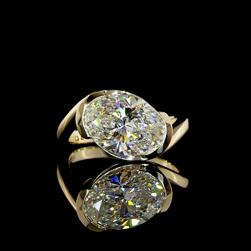 14K Yellow Gold Inclined Oval Solitaire Ring with Half Bezel Set Lab Grown Diamond - 3.56 Carat Total Diamond Weight - Covaloro Fine Jewelry