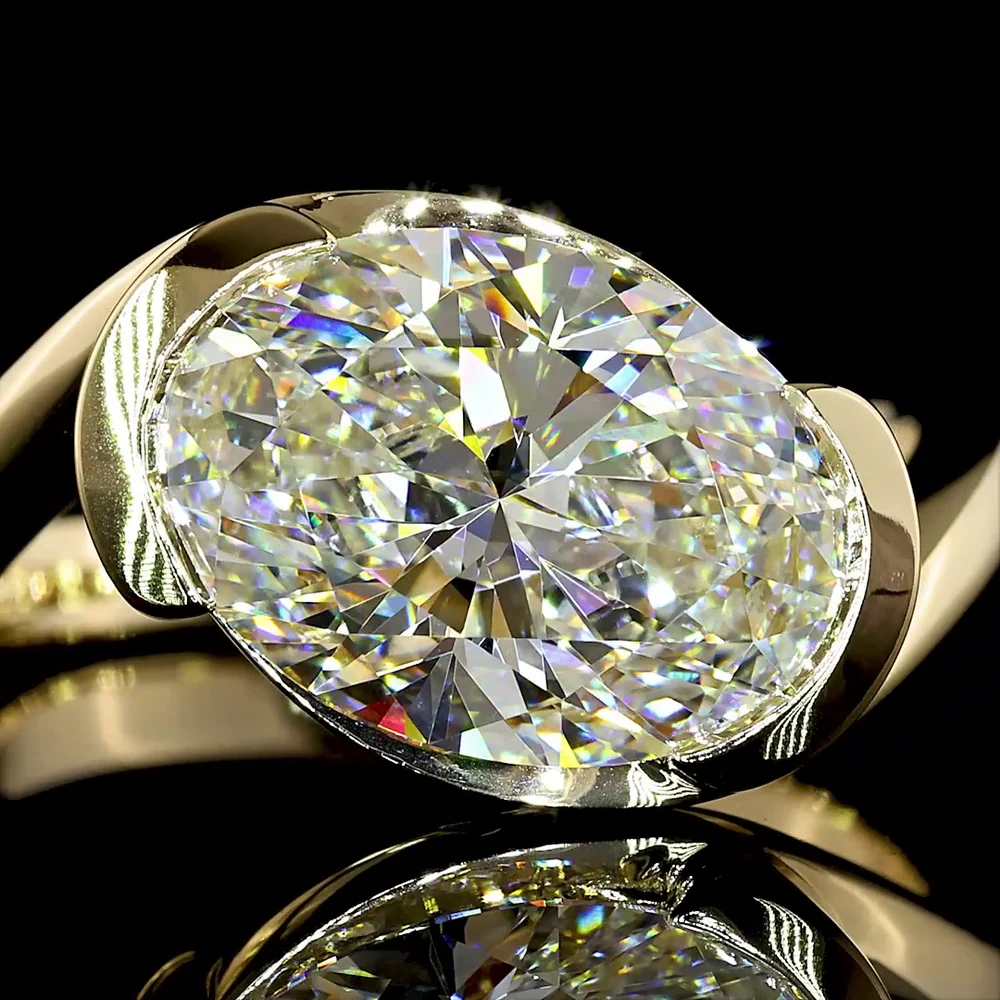 14K Yellow Gold Inclined Oval Solitaire Ring with Half Bezel Set Lab Grown Diamond - 3.56 Carat Total Diamond Weight - Covaloro Fine Jewelry - Image 2
