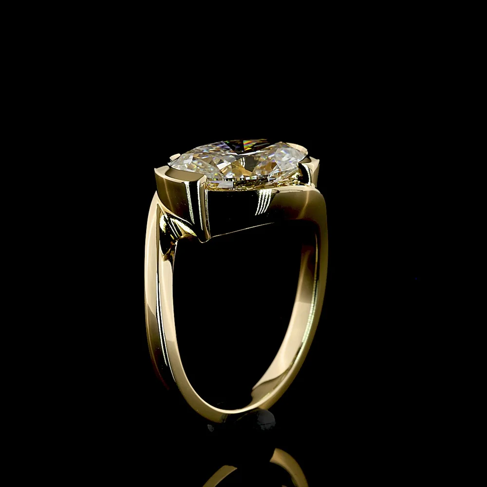 14K Yellow Gold Inclined Oval Solitaire Ring with Half Bezel Set Lab Grown Diamond - 3.56 Carat Total Diamond Weight - Covaloro Fine Jewelry - Image 4