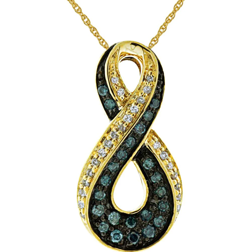 14K Yellow Gold Infinity Pendant with Round White Diamonds and Blue Diamonds - 0.35 Carat Total Diamond Weight - Royal Jewelry