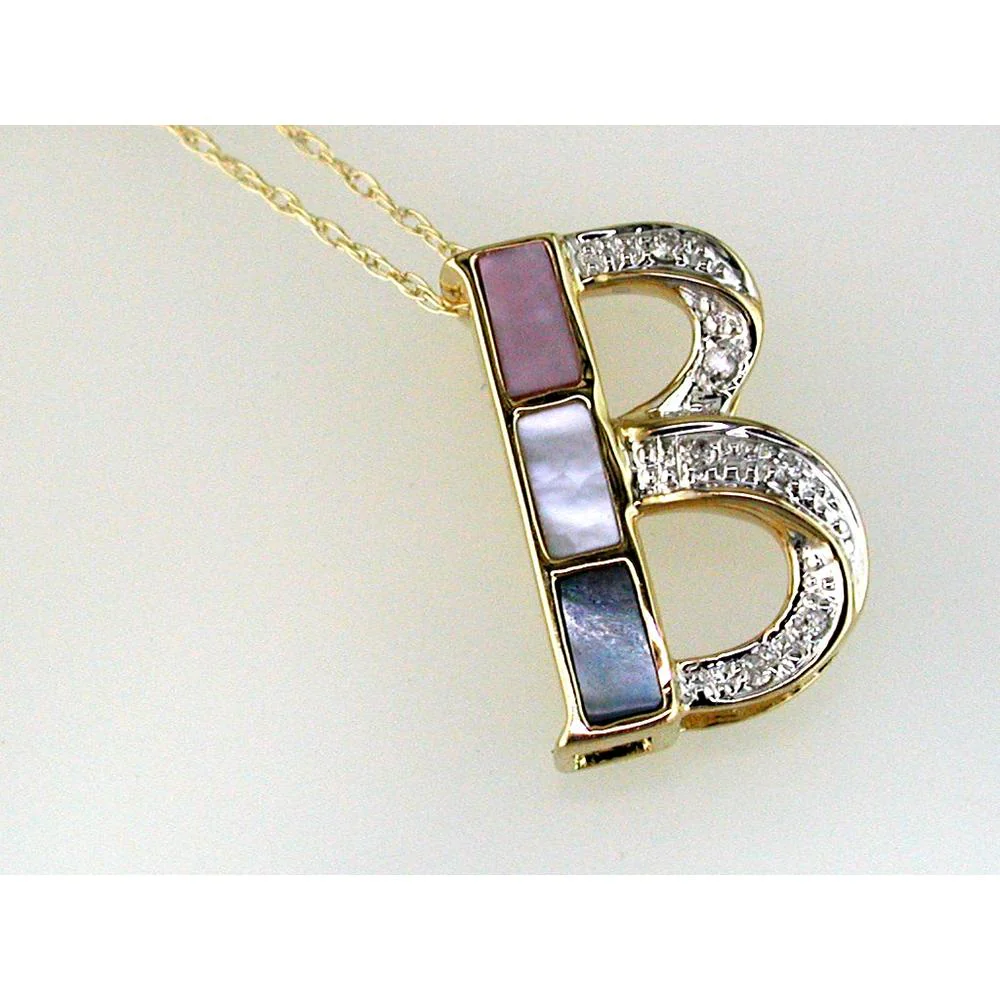14K Yellow Gold Initial "B" Pendant with Mother of Pearl Inlay and Round Diamond Accents - 0.03 Carat Total Diamond Weight - Royal Jewelry