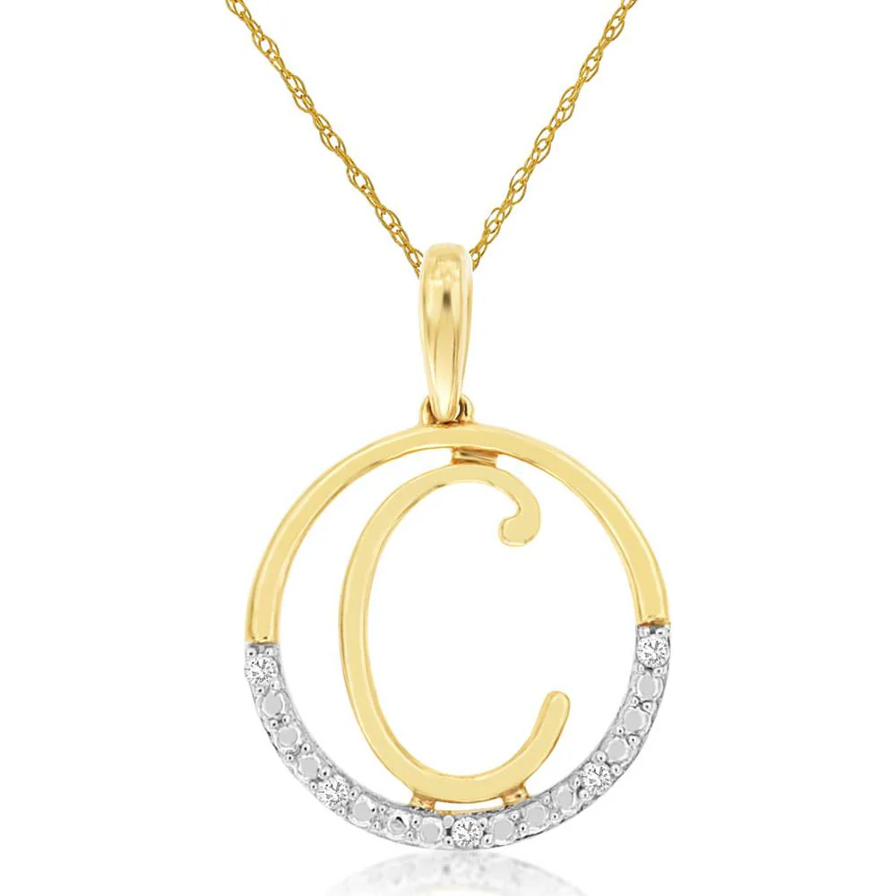14K Yellow Gold Initial C Pendant with Prong Set Round Diamond - 0.02 Carat Total Diamond Weight - Royal Jewelry
