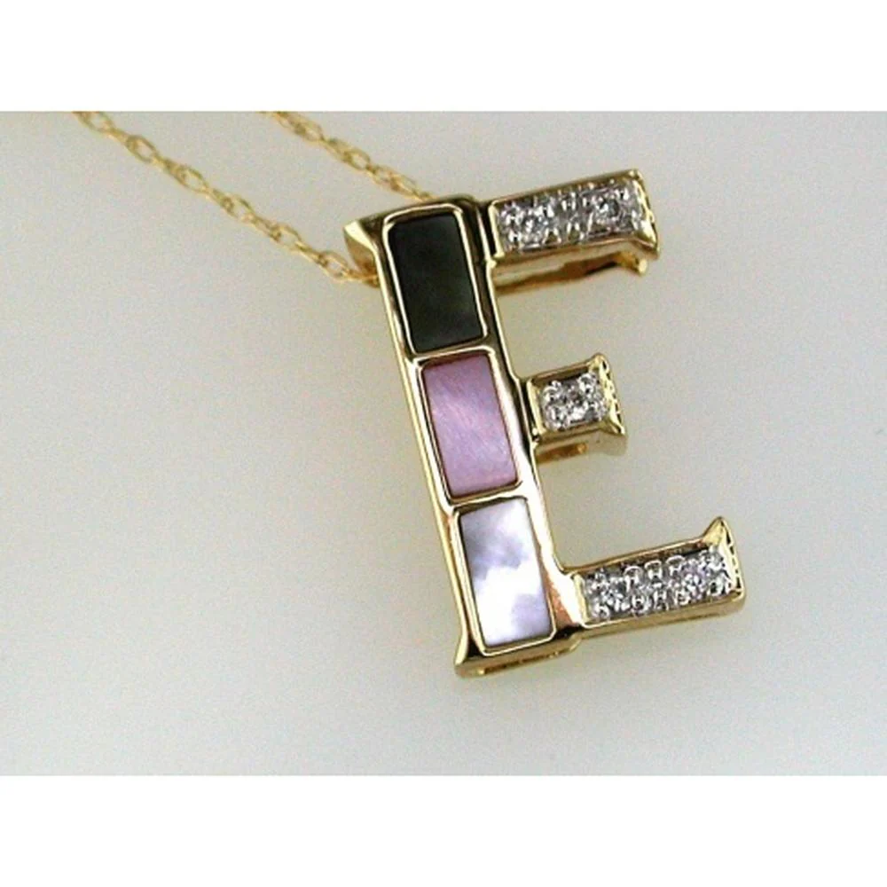 14K Yellow Gold Initial "E" Pendant Necklace with Black Onyx, Pink & White Mother of Pearl Inlay and 0.05 Carat Round Diamonds - Royal Jewelry
