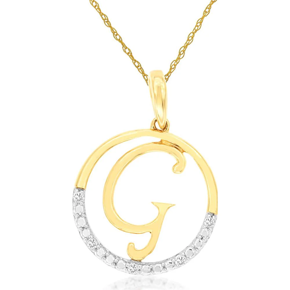 14K Yellow Gold Initial 'G' Pendant Necklace with 0.02 Carat Round Diamond Accent Detail - Royal Jewelry