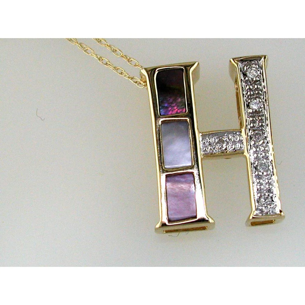 14K Yellow Gold Initial "H" Pendant with Rectangular Mother of Pearl Inlay and Round Diamond Accents - 0.04 Carat Total Diamond Weight - Royal Jewelry