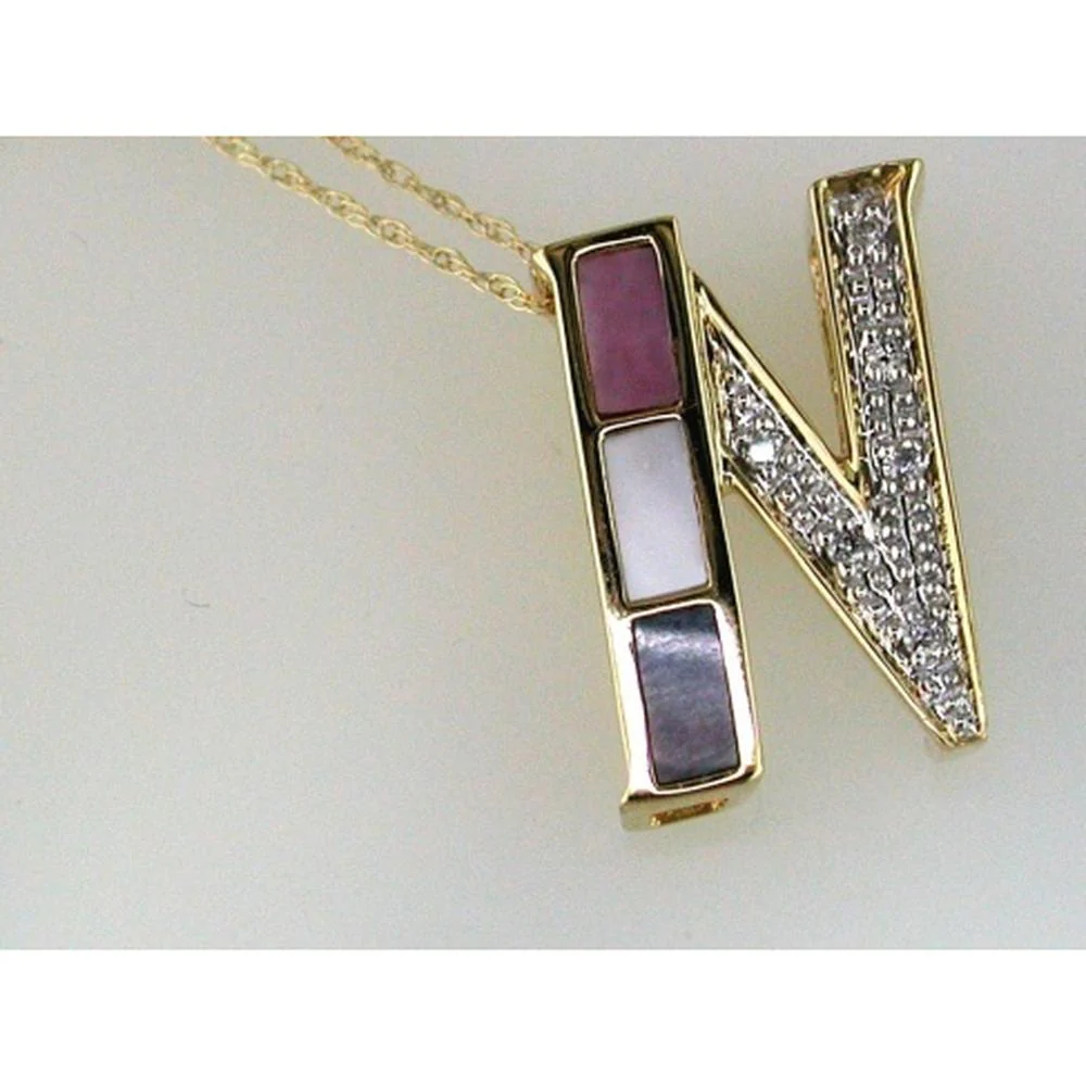 14K Yellow Gold Initial N Pendant with Mother-of-Pearl Inlay and Round Diamonds - 0.05 Carat Total Diamond Weight - Royal Jewelry